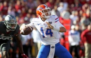 Nov 5, 2016; Fayetteville, AR, USA; Florida Gators quarterback Luke Del Rio (14) passes during the first quarter against the Arkansas Razorbacks at Donald W. Reynolds Razorback Stadium. Mandatory Credit: Nelson Chenault-USA TODAY Sports