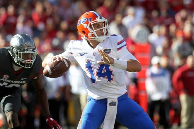 Nov 5, 2016; Fayetteville, AR, USA; Florida Gators quarterback Luke Del Rio (14) passes during the first quarter against the Arkansas Razorbacks at Donald W. Reynolds Razorback Stadium. Mandatory Credit: Nelson Chenault-USA TODAY Sports