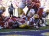 Nov 19, 2016; Baton Rouge, LA, USA; LSU Tigers running back Derrius Guice (5) is stopped short of the goal line on third down against the Florida Gators during the second half at Tiger Stadium. The Gators defeat the Tigers 16-10. Mandatory Credit: Jerome Miron-USA TODAY Sports