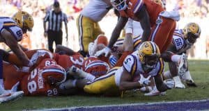 Nov 19, 2016; Baton Rouge, LA, USA; LSU Tigers running back Derrius Guice (5) is stopped short of the goal line on third down against the Florida Gators during the second half at Tiger Stadium. The Gators defeat the Tigers 16-10. Mandatory Credit: Jerome Miron-USA TODAY Sports