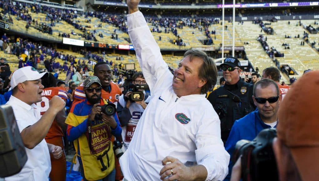 Nov 19, 2016; Baton Rouge, LA, USA; Florida Gators head coach Jim McElwain celebrates the win over the LSU Tigers at Tiger Stadium. The Gators defeat the Tigers 16-10. Mandatory Credit: Jerome Miron-USA TODAY Sports