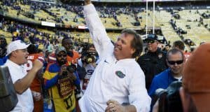 Nov 19, 2016; Baton Rouge, LA, USA; Florida Gators head coach Jim McElwain celebrates the win over the LSU Tigers at Tiger Stadium. The Gators defeat the Tigers 16-10. Mandatory Credit: Jerome Miron-USA TODAY Sports