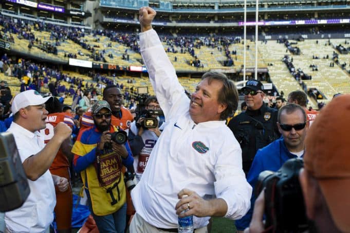 Nov 19, 2016; Baton Rouge, LA, USA; Florida Gators head coach Jim McElwain celebrates the win over the LSU Tigers at Tiger Stadium. The Gators defeat the Tigers 16-10. Mandatory Credit: Jerome Miron-USA TODAY Sports