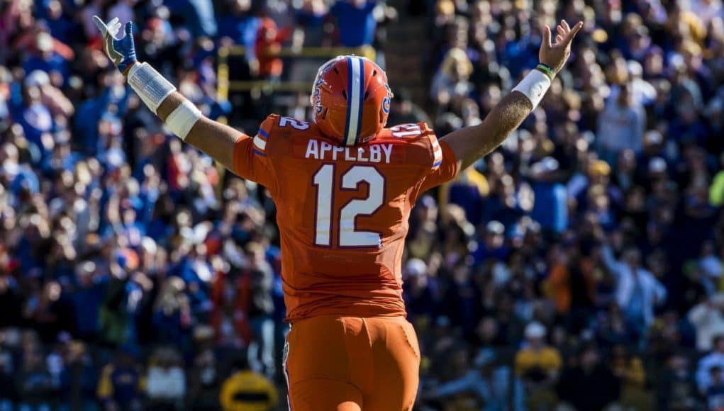 Nov 19, 2016; Baton Rouge, LA, USA; Florida Gators quarterback Austin Appleby (12) celebrates during the second half of the game against the LSU Tigers at Tiger Stadium. The Gators defeat the Tigers 16-10. Mandatory Credit: Jerome Miron-USA TODAY Sports