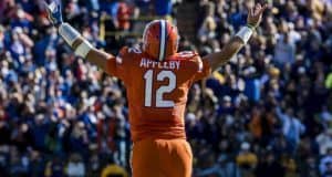 Nov 19, 2016; Baton Rouge, LA, USA; Florida Gators quarterback Austin Appleby (12) celebrates during the second half of the game against the LSU Tigers at Tiger Stadium. The Gators defeat the Tigers 16-10. Mandatory Credit: Jerome Miron-USA TODAY Sports