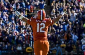 Nov 19, 2016; Baton Rouge, LA, USA; Florida Gators quarterback Austin Appleby (12) celebrates during the second half of the game against the LSU Tigers at Tiger Stadium. The Gators defeat the Tigers 16-10. Mandatory Credit: Jerome Miron-USA TODAY Sports