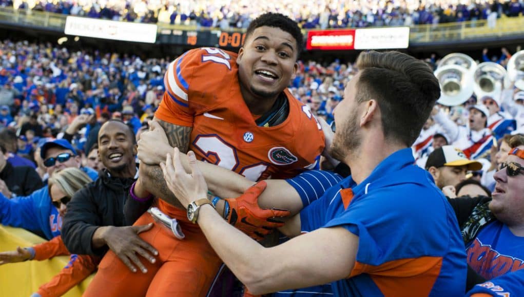 Nov 19, 2016; Baton Rouge, LA, USA; Florida Gators defensive back Teez Tabor (31) celebrates the win over the LSU Tigers at Tiger Stadium. The Gators defeat the Tigers 16-10. Mandatory Credit: Jerome Miron-USA TODAY Sports