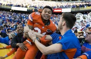 Nov 19, 2016; Baton Rouge, LA, USA; Florida Gators defensive back Teez Tabor (31) celebrates the win over the LSU Tigers at Tiger Stadium. The Gators defeat the Tigers 16-10. Mandatory Credit: Jerome Miron-USA TODAY Sports