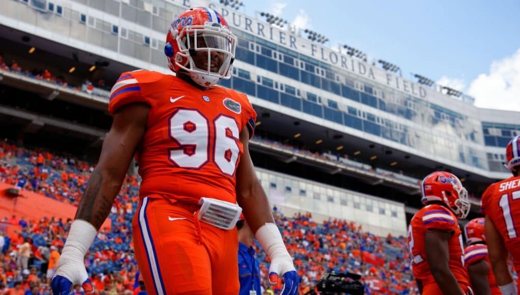 University of Florida defensive end CeCe Jefferson warms up before the Florida Gators game against Kentucky in 2016- Florida Gators football- 1280x852