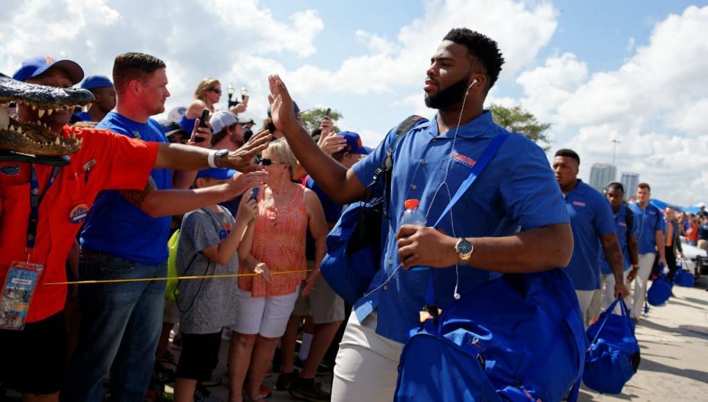University of Florida offensive lineman Martez Ivey greets fans during Gator Walk before the Georgia game- Florida Gators football- 1280x852