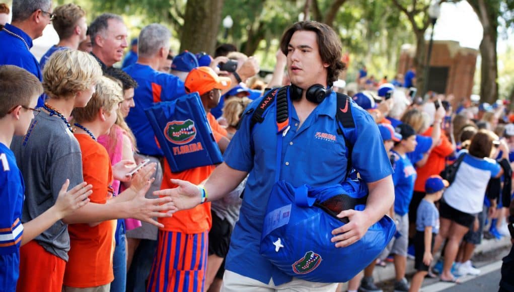 University of Florida offensive lineman Tyler Jordan greets fans during Gator Walk before the UMass game- Florida Gators football- 1280x854