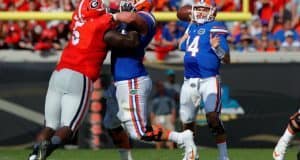 University of Florida quarterback Luke Del Rio throws a pass in a 24-10 win over the Georgia Bulldogs- Florida Gators football- 1280x852