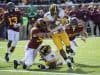 Oct 8, 2016; Minneapolis, MN, USA; Iowa Hawkeyes running back LeShun Daniels Jr. (29) rushes for a two point conversion as Minnesota Golden Gophers linebacker Jack Lynn (50) attempts to make a stop in the second half at TCF Bank Stadium. The Hawkeyes won 14-7. Mandatory Credit: Jesse Johnson-USA TODAY Sports