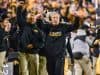 Nov 25, 2016; Iowa City, IA, USA; Iowa Hawkeyes head coach Kirk Ferentz celebrates during the fourth quarter against the Nebraska Cornhuskers at Kinnick Stadium. Iowa won 40-10 and secured the Heroes Game trophy. Mandatory Credit: Jeffrey Becker-USA TODAY Sports