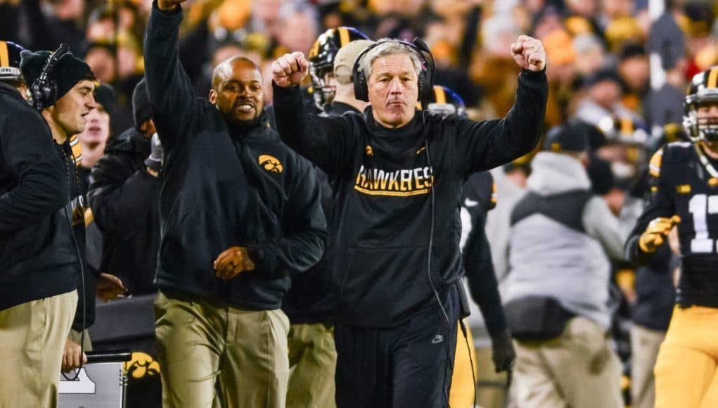 Nov 25, 2016; Iowa City, IA, USA; Iowa Hawkeyes head coach Kirk Ferentz celebrates during the fourth quarter against the Nebraska Cornhuskers at Kinnick Stadium. Iowa won 40-10 and secured the Heroes Game trophy. Mandatory Credit: Jeffrey Becker-USA TODAY Sports