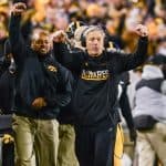 Nov 25, 2016; Iowa City, IA, USA; Iowa Hawkeyes head coach Kirk Ferentz celebrates during the fourth quarter against the Nebraska Cornhuskers at Kinnick Stadium. Iowa won 40-10 and secured the Heroes Game trophy. Mandatory Credit: Jeffrey Becker-USA TODAY Sports