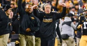 Nov 25, 2016; Iowa City, IA, USA; Iowa Hawkeyes head coach Kirk Ferentz celebrates during the fourth quarter against the Nebraska Cornhuskers at Kinnick Stadium. Iowa won 40-10 and secured the Heroes Game trophy. Mandatory Credit: Jeffrey Becker-USA TODAY Sports