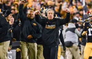 Nov 25, 2016; Iowa City, IA, USA; Iowa Hawkeyes head coach Kirk Ferentz celebrates during the fourth quarter against the Nebraska Cornhuskers at Kinnick Stadium. Iowa won 40-10 and secured the Heroes Game trophy. Mandatory Credit: Jeffrey Becker-USA TODAY Sports