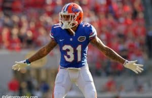 University of Florida cornerback Jalen Tabor signals a play in a win over the Georgia Bulldogs in 2016- Florida Gators football- 1280x852