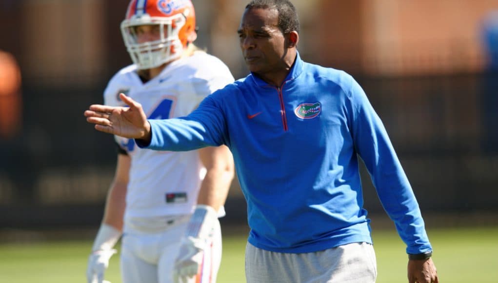 University of Florida defensive coordinator Randy Shannon works with the Florida Gators linebacker during spring practice- Florida Gators football- 1280x852