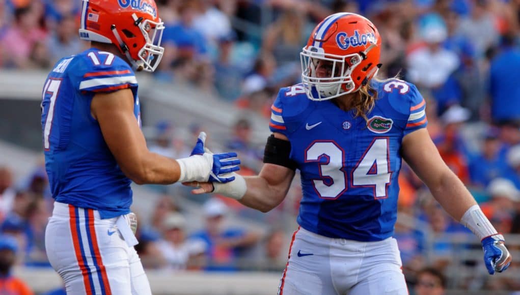 University of Florida linebacker Alex Anzalone and lineman Jordan Sherit celebrate during the Gators win over Georgia- Florida Gators football- 1280x852