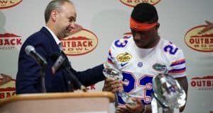 Florida Gators defensive back Chauncey Gardner with his Outback Bowl MVP trophy-1280x855