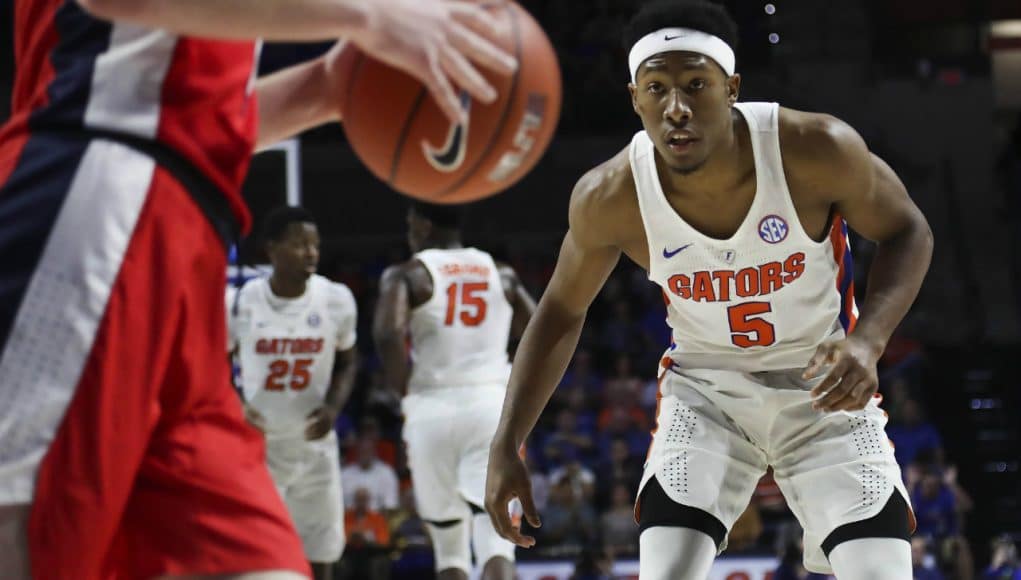 Jan 3, 2017; Gainesville, FL, USA; Florida Gators guard KeVaughn Allen (5) defends Mississippi Rebels guard Cullen Neal (2) in the first half at Exactech Arena at the Stephen C. O'Connell Center. Mandatory Credit: Logan Bowles-USA TODAY Sports