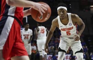 Jan 3, 2017; Gainesville, FL, USA; Florida Gators guard KeVaughn Allen (5) defends Mississippi Rebels guard Cullen Neal (2) in the first half at Exactech Arena at the Stephen C. O'Connell Center. Mandatory Credit: Logan Bowles-USA TODAY Sports