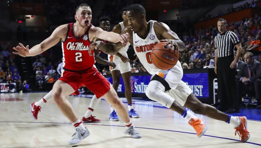 Jan 3, 2017; Gainesville, FL, USA; Mississippi Rebels guard Donte Fitzpatrick-Dorsey (0) defends Florida Gators guard Kasey Hill (0) in the first half at Exactech Arena at the Stephen C. O'Connell Center. Mandatory Credit: Logan Bowles-USA TODAY Sports