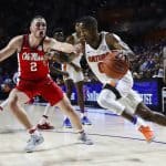 Jan 3, 2017; Gainesville, FL, USA; Mississippi Rebels guard Donte Fitzpatrick-Dorsey (0) defends Florida Gators guard Kasey Hill (0) in the first half at Exactech Arena at the Stephen C. O'Connell Center. Mandatory Credit: Logan Bowles-USA TODAY Sports