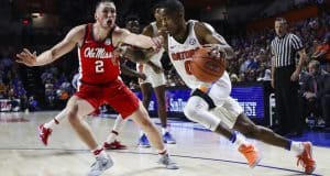 Jan 3, 2017; Gainesville, FL, USA; Mississippi Rebels guard Donte Fitzpatrick-Dorsey (0) defends Florida Gators guard Kasey Hill (0) in the first half at Exactech Arena at the Stephen C. O'Connell Center. Mandatory Credit: Logan Bowles-USA TODAY Sports