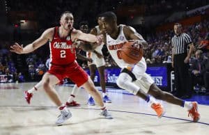 Jan 3, 2017; Gainesville, FL, USA; Mississippi Rebels guard Donte Fitzpatrick-Dorsey (0) defends Florida Gators guard Kasey Hill (0) in the first half at Exactech Arena at the Stephen C. O'Connell Center. Mandatory Credit: Logan Bowles-USA TODAY Sports