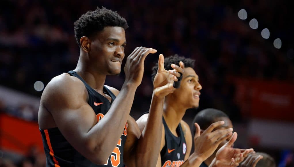 University of Florida center John Egbunu cheers on his teammates during a win over the Tennessee Volunteers- Florida Gators basketball- 1280x852