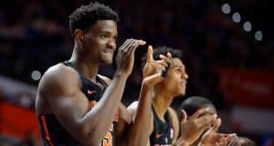 University of Florida center John Egbunu cheers on his teammates during a win over the Tennessee Volunteers- Florida Gators basketball- 1280x852