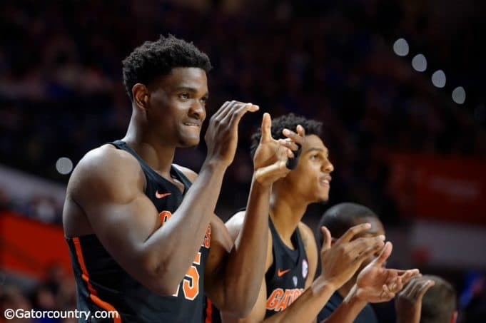 University of Florida center John Egbunu cheers on his teammates during a win over the Tennessee Volunteers- Florida Gators basketball- 1280x852