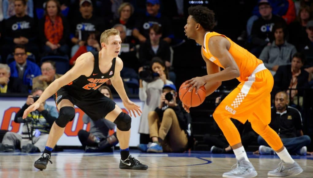 University of Florida forward Canyon Barry defends against Tennessee- Florida Gators basketball- 1280x852