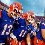University of Florida freshmen quarterbacks Feleipe Franks (13) and Kyle Trask (11) run out onto the field to take on North Texas- Florida Gators football- 1280x855