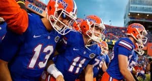 University of Florida freshmen quarterbacks Feleipe Franks (13) and Kyle Trask (11) run out onto the field to take on North Texas- Florida Gators football- 1280x855