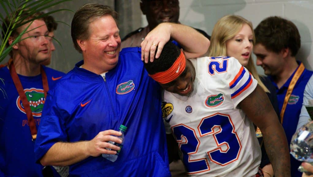 University of Florida head coach Jim McElwain and defensive back Chauncey Gardner share a moment after the Outback Bowl- Florida Gators- 1280x854