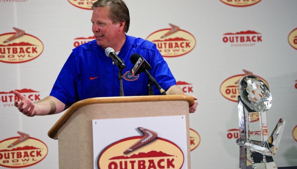 University of Florida head coach Jim McElwain speaks with reporters after the Florida Gators 30-3 Outback bowl win over Iowa- Florida Gators football -1280x855