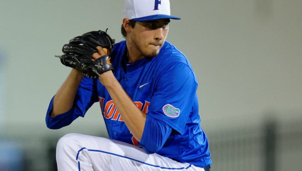 University of Florida pitcher Alex Faedo delivers to the plate in a Regional win over the Georgia Tech Yellow Jackets- Florida Gators baseball- 1280x852