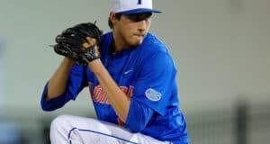 University of Florida pitcher Alex Faedo delivers to the plate in a Regional win over the Georgia Tech Yellow Jackets- Florida Gators baseball- 1280x852