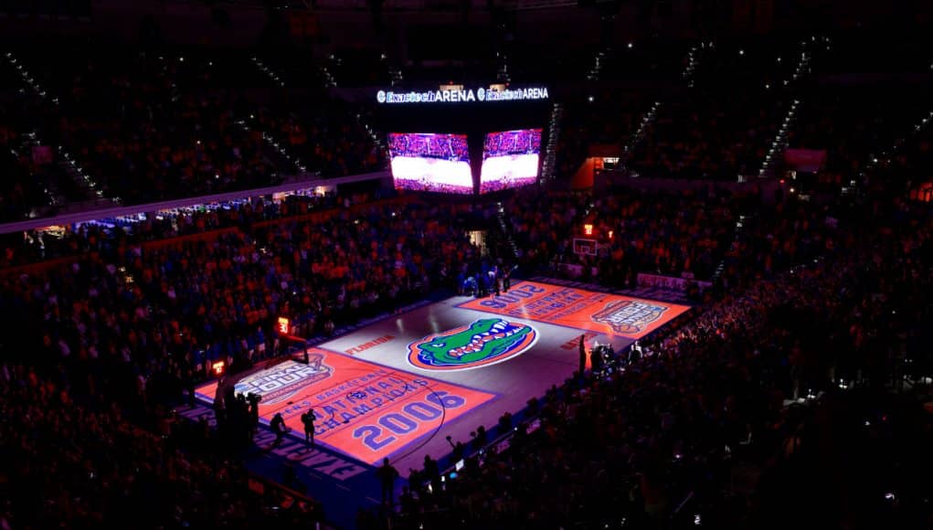 A pre-game light show boasting the Florida Gators men’s basketball teams two National Championships prior to beating Kentucky- Florida Gators basketball- 1280x854