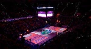 A pre-game light show boasting the Florida Gators men’s basketball teams two National Championships prior to beating Kentucky- Florida Gators basketball- 1280x854