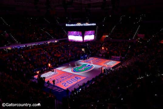 A pre-game light show boasting the Florida Gators men’s basketball teams two National Championships prior to beating Kentucky- Florida Gators basketball- 1280x854