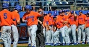 Florida Gators infielder Deacon Liput celebrates with his teammates after a home run against William & Mary- Florida Gators baseball- 1280x852