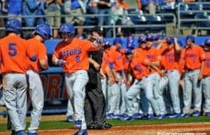 Florida Gators infielder Deacon Liput celebrates with his teammates after a home run against William & Mary- Florida Gators baseball- 1280x852