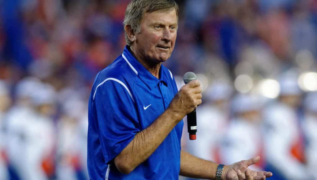 Former University of Florida head football coach Steve Spurrier speaks to the crowd at Ben Hill Griffin Stadium in 2016- Florida Gators football- 1280x852