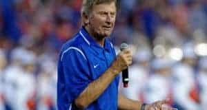 Former University of Florida head football coach Steve Spurrier speaks to the crowd at Ben Hill Griffin Stadium in 2016- Florida Gators football- 1280x852