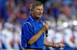 Former University of Florida head football coach Steve Spurrier speaks to the crowd at Ben Hill Griffin Stadium in 2016- Florida Gators football- 1280x852